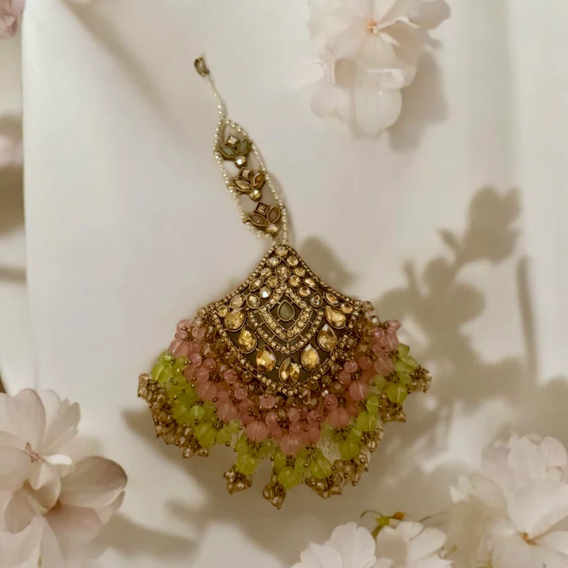 Pastel Beaded Kundan Choker Set in Pink & Green - Bridal Jewelry with Earrings & Maang Tikka - Image 3