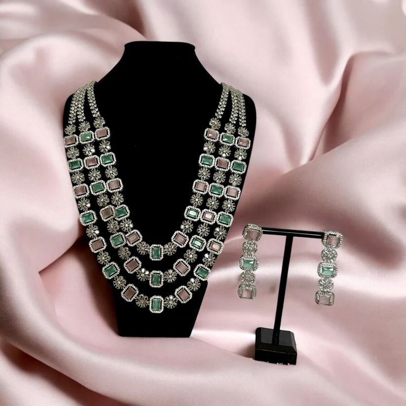 Pastel Green & Blush Pink Triple Layer Necklace Set with Floral Accents - Elegant Bridal Jewelry