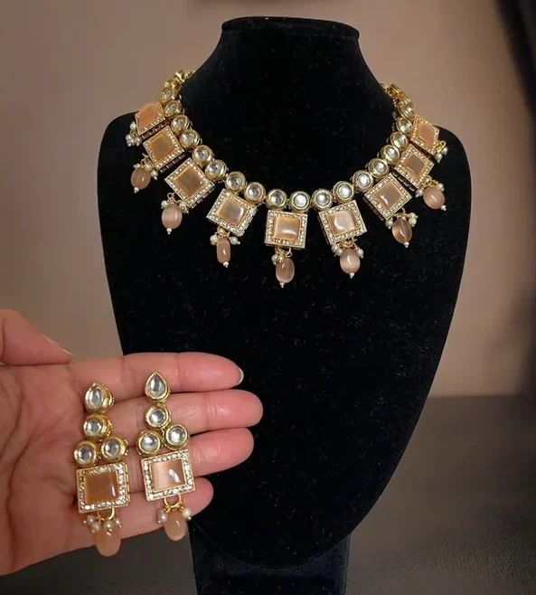 Peach & Gold Traditional Kundan Adjustable Necklace and Earrings