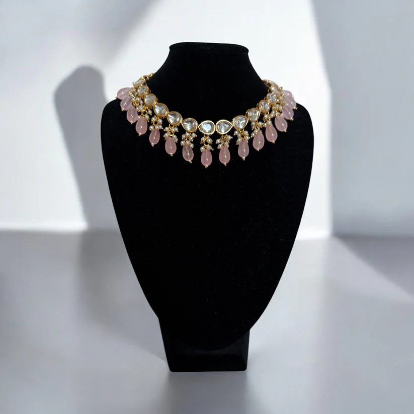 Pink Beaded Kundan Choker Set - Image 3