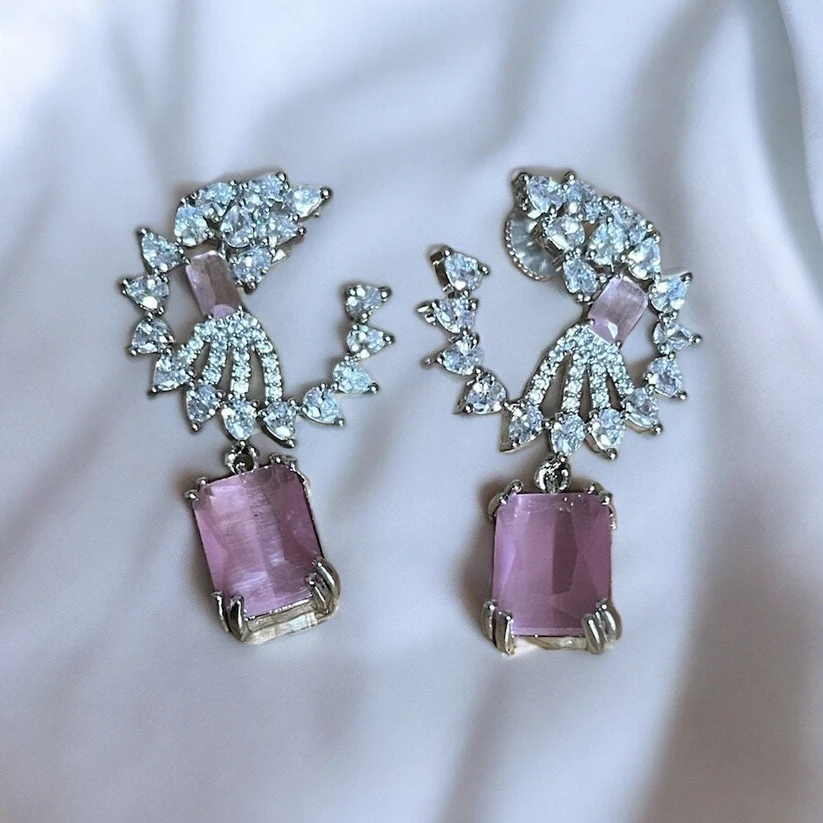 Pink Crystal Drop Earrings, Asian Jewelry, Indian Jewelry, Bridal & Gift