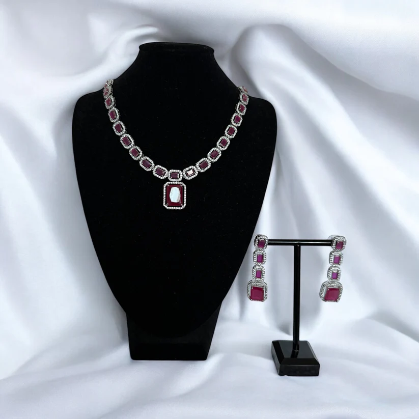 Pink Crystal Square-Cut Necklace Set with Matching Drop Earrings - Modern Party Jewelry