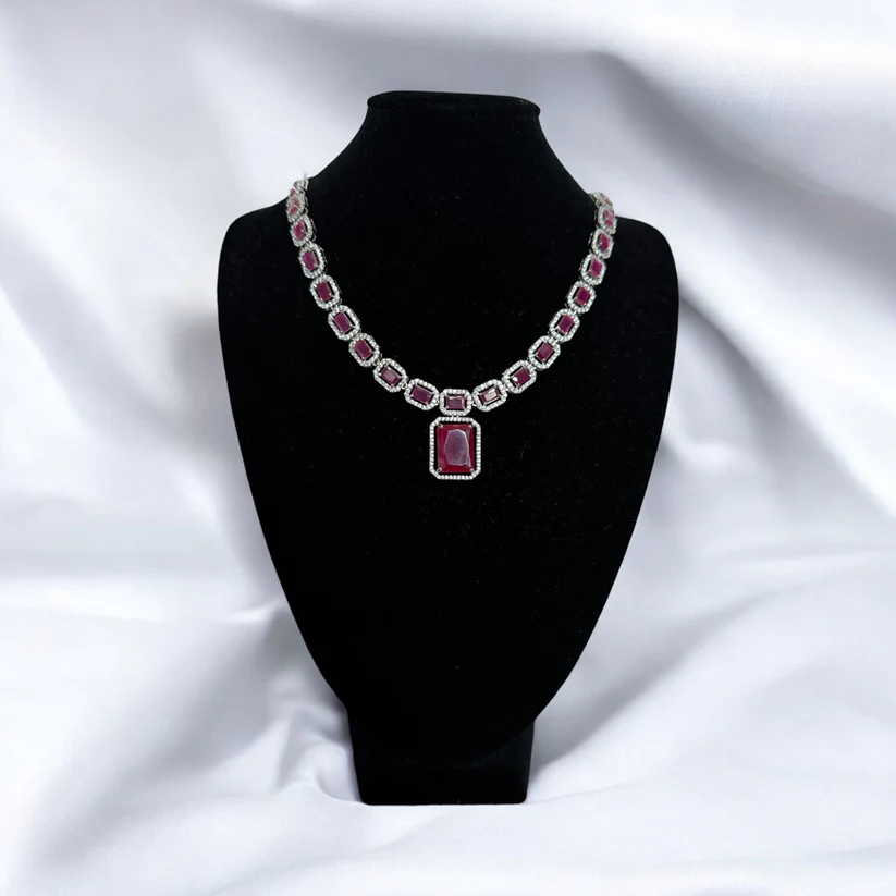 Pink Crystal Square-Cut Necklace Set with Matching Drop Earrings - Modern Party Jewelry - Image 2