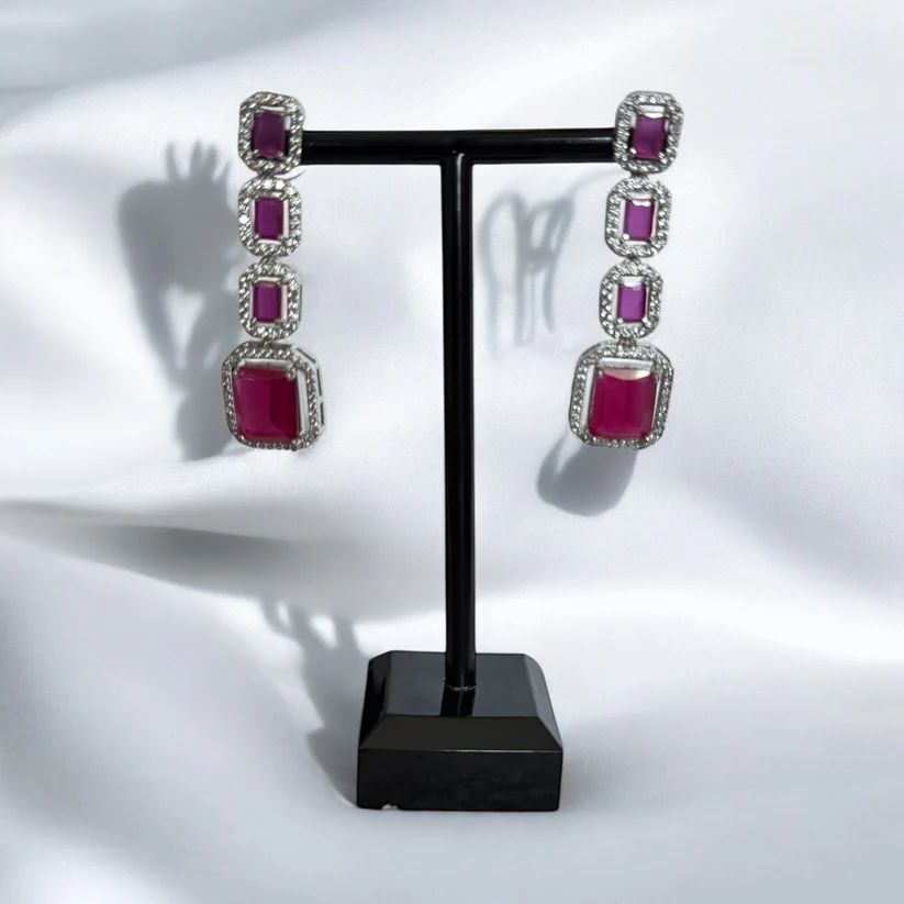 Pink Crystal Square-Cut Necklace Set with Matching Drop Earrings - Modern Party Jewelry - Image 3