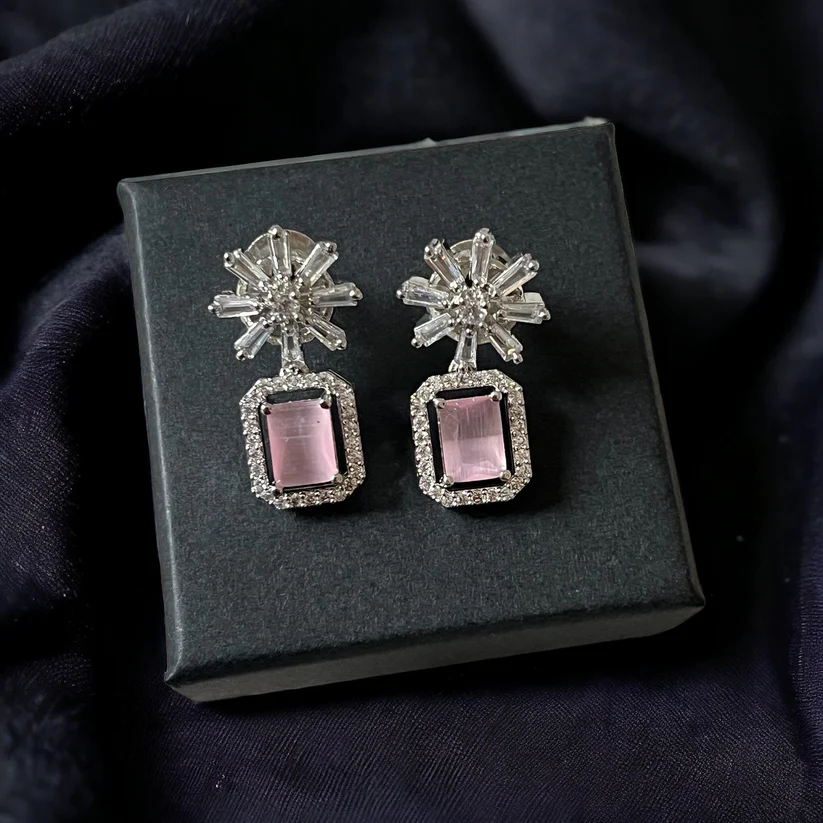 Pink Crystal Star Studded Drop Earrings Indian, Asian, Bollywood Jewelry - Image 2