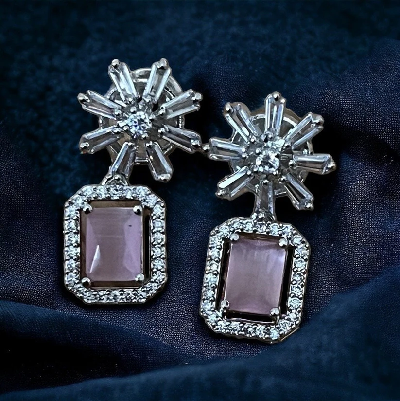 Pink Crystal Star Studded Drop Earrings Indian, Asian, Bollywood Jewelry