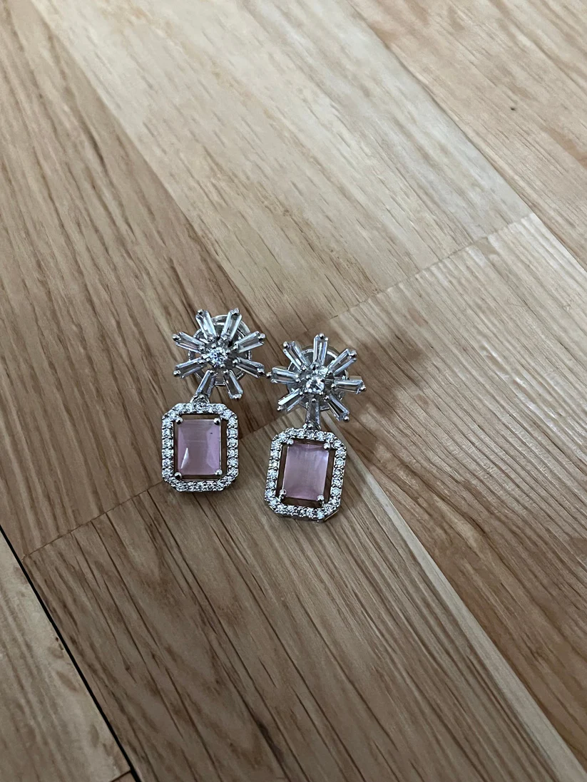 Pink Crystal Star Studded Drop Earrings Indian, Asian, Bollywood Jewelry - Image 3