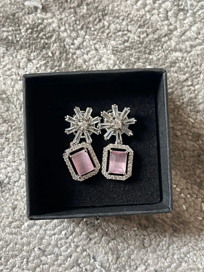 Pink Crystal Star Studded Drop Earrings Indian, Asian, Bollywood Jewelry - Image 4