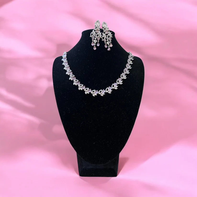 Pink Gemstone, American Diamond Necklace & Earrings