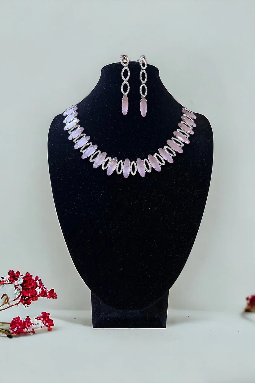 Pink Gemstone American Diamond Necklace Set