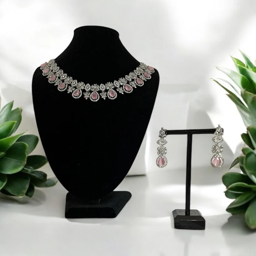 Pink Gemstone Necklace with Drop Earrings, Indian Jewelry, great for special occasions