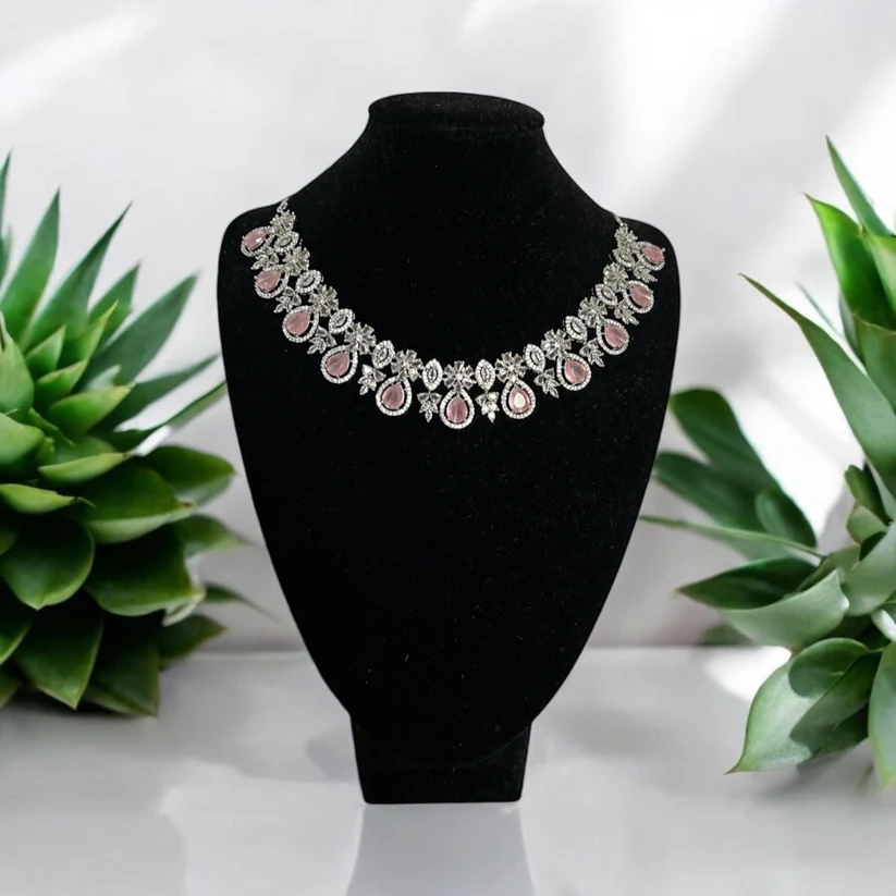 Pink Gemstone Necklace with Drop Earrings, Indian Jewelry, great for special occasions - Image 2