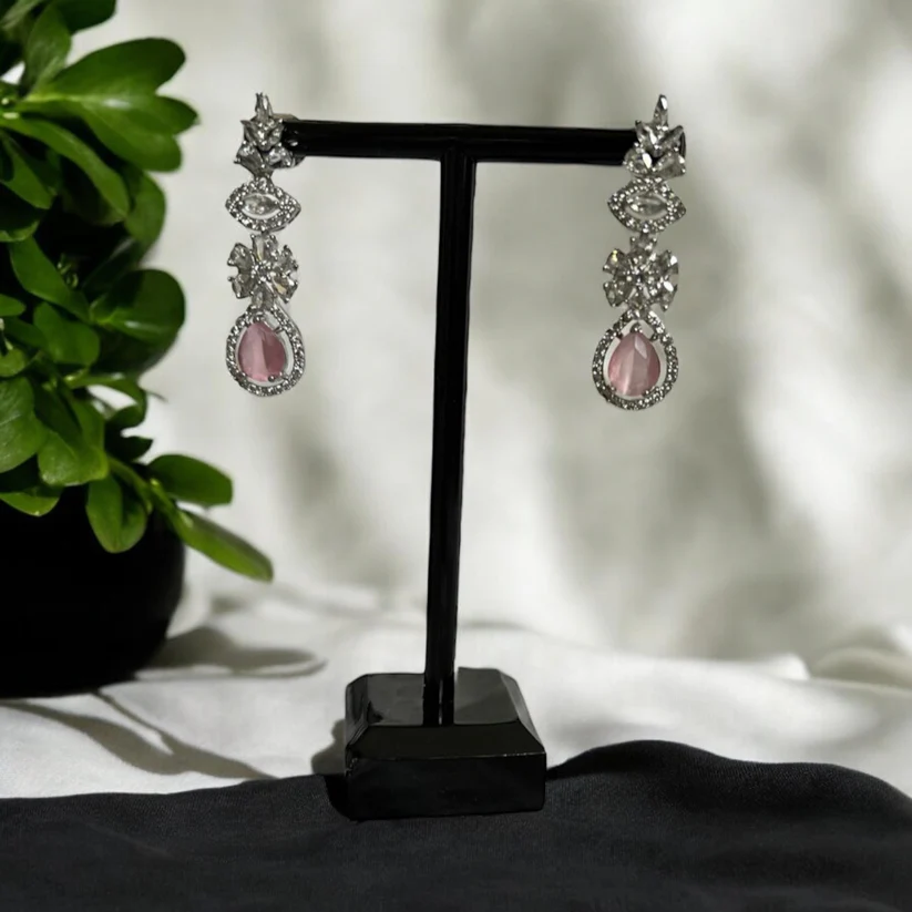 Pink Gemstone Necklace with Drop Earrings, Indian Jewelry, great for special occasions - Image 3