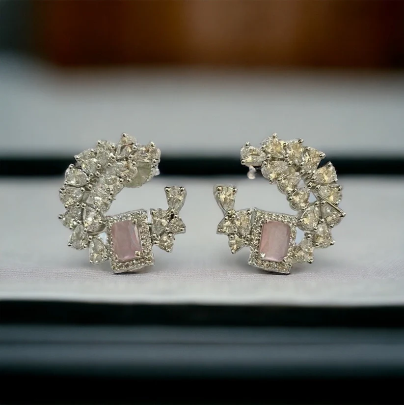 Pink, Pastel Pink, Barbie Pink Crystal Stud Earrings, Wedding jewelry, Indian Jewelry - Image 3