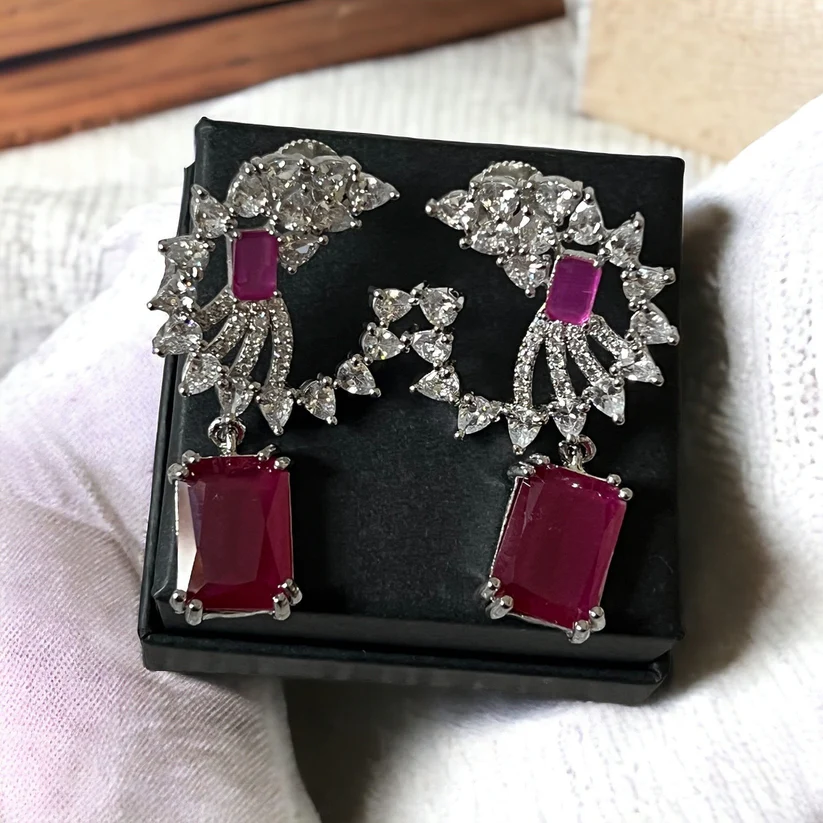 Rani Pink Crystal Drop Earrings, Indian Jewelry, Asian Jewelry - Image 2