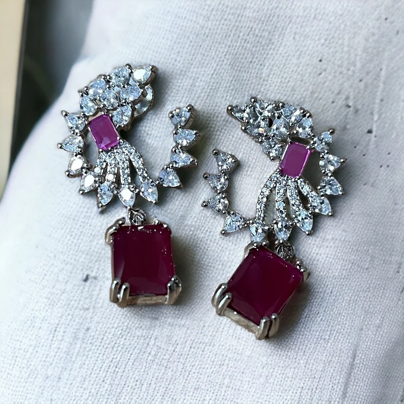 Rani Pink Crystal Drop Earrings, Indian Jewelry, Asian Jewelry - Image 3