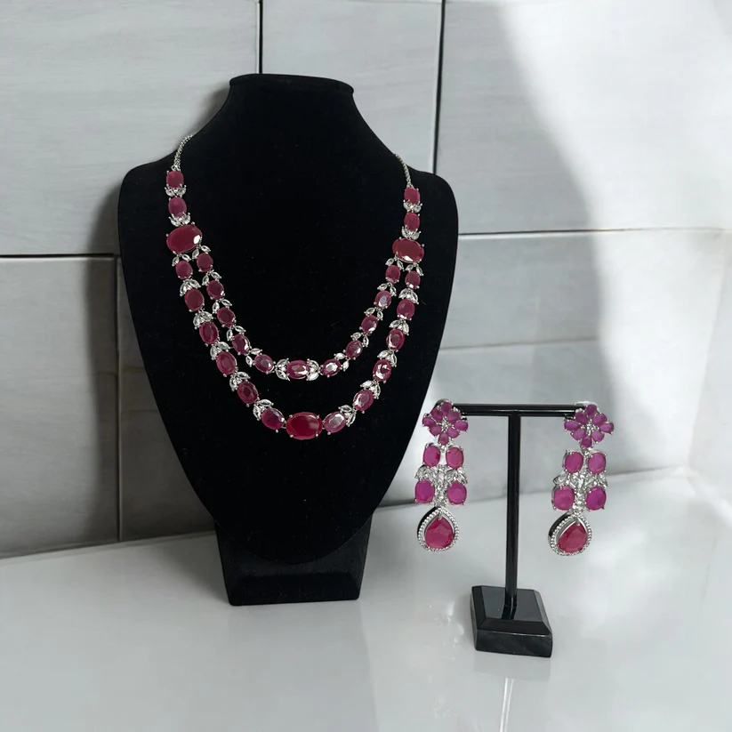 Rani Pink Double Layer Gemstone Necklace Set