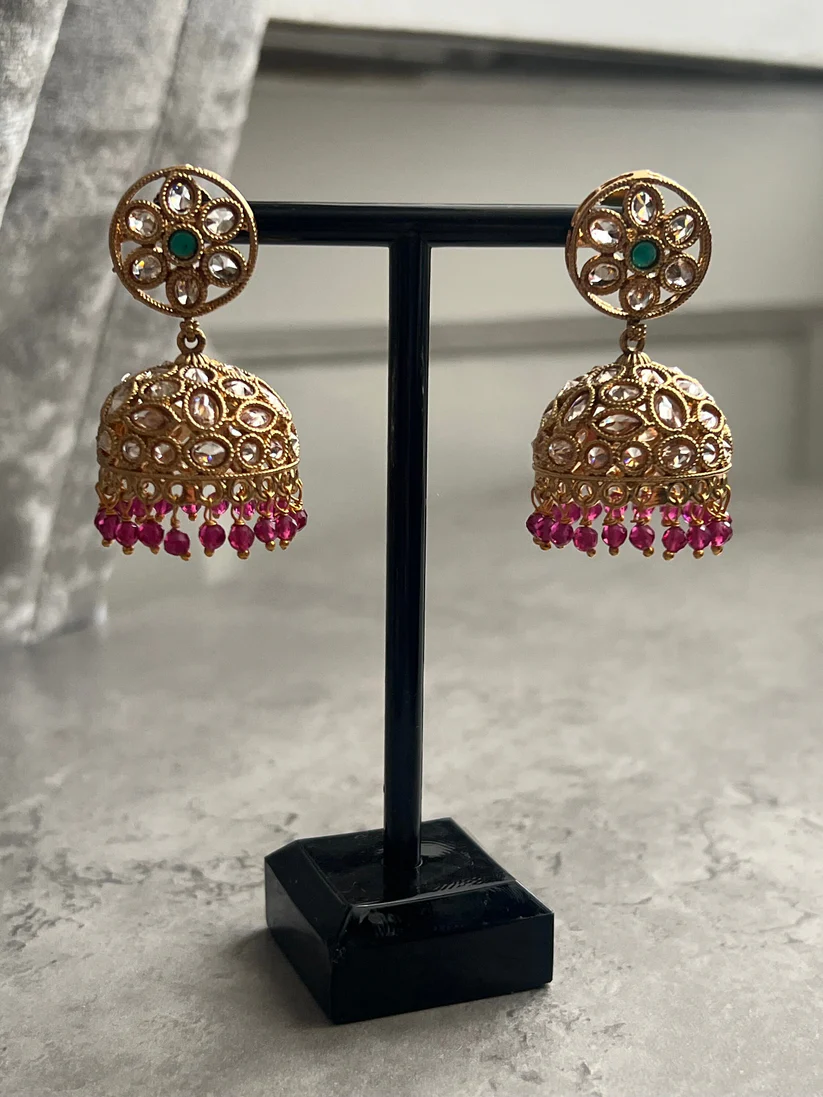 Rani Pink, Green & Gold Desi Drop Earrings, Indian Jewelry, Bridal