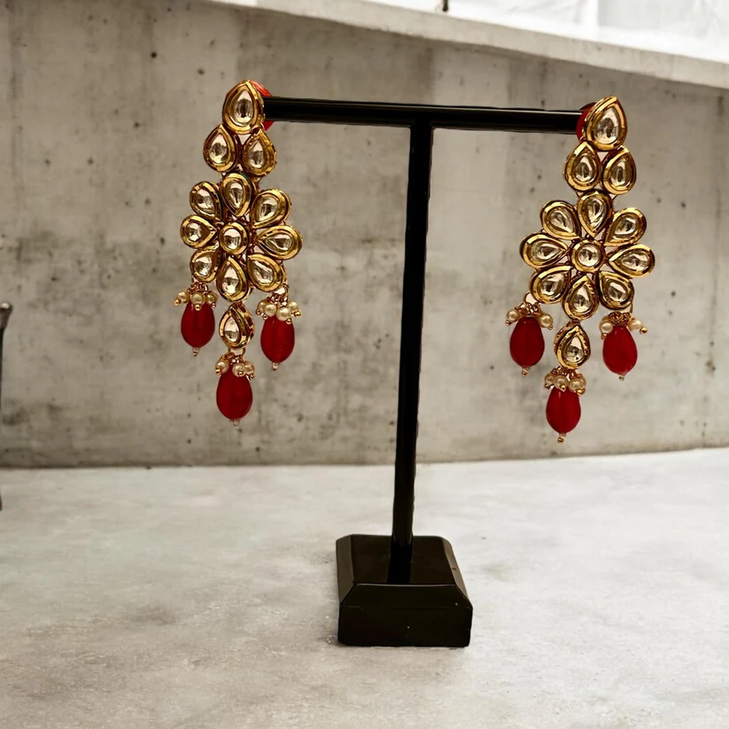 Red & Gold Kundan Layered Long Necklace with Matching Earrings - Perfect for Occasions - Image 2