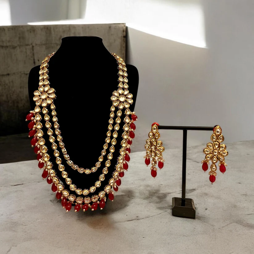 Red & Gold Kundan Layered Long Necklace with Matching Earrings - Perfect for Occasions - Image 3