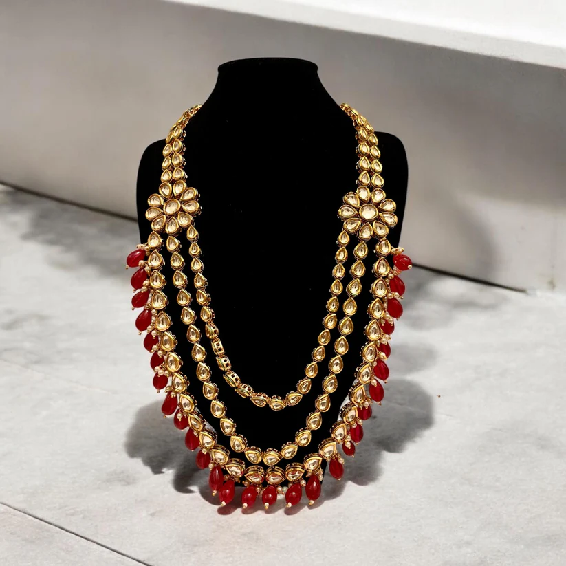 Red & Gold Kundan Layered Long Necklace with Matching Earrings - Perfect for Occasions - Image 4