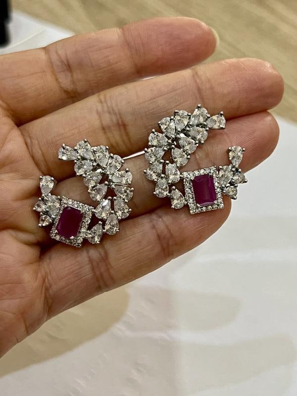 Ruby Pink, Barbie Pink, Dark Pink Gemstone Stud Earrings, Wedding jewelry, Asian Jewelry, Indian Jewelry - Image 2