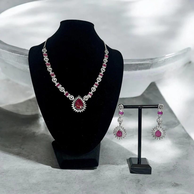 Ruby Red Stone Necklace & Earrings Set - Image 3