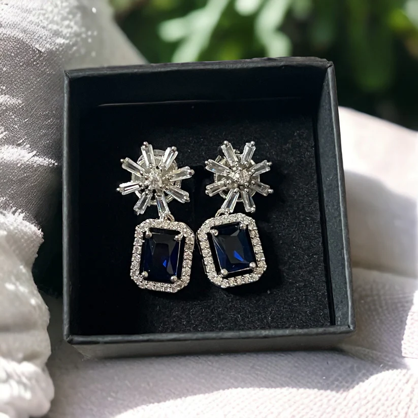 Sapphire Blue, Navy Crystal Star Studded Drop Earrings Indian, Asian, Bollywood Jewelry