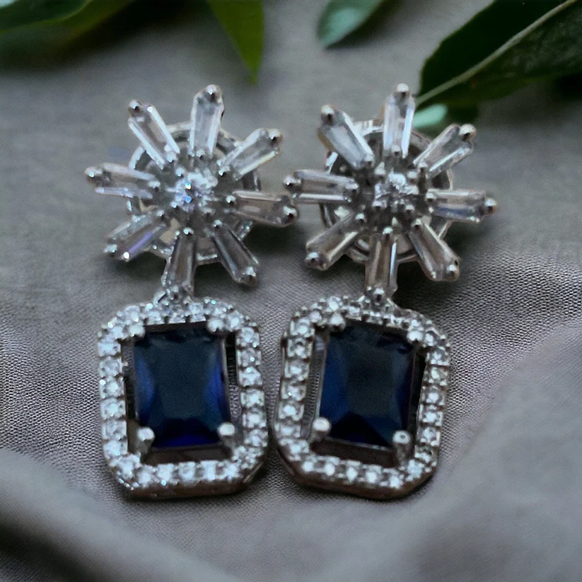 Sapphire Blue, Navy Crystal Star Studded Drop Earrings Indian, Asian, Bollywood Jewelry - Image 2