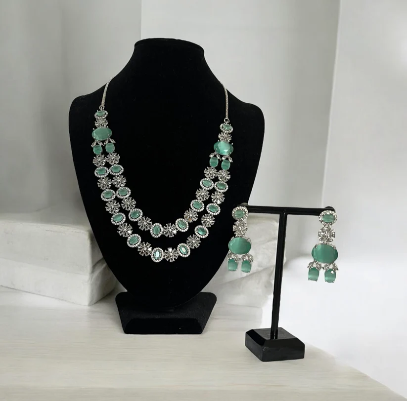 Sea Green Floral Cubic Zirconia Necklace Set