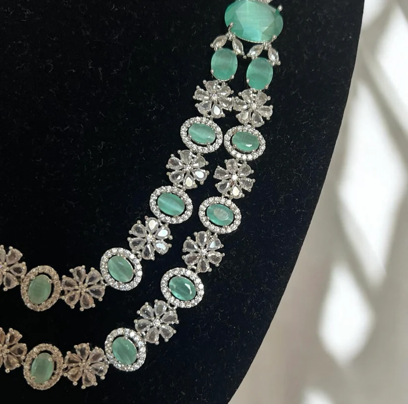 Sea Green Floral Cubic Zirconia Necklace Set - Image 4