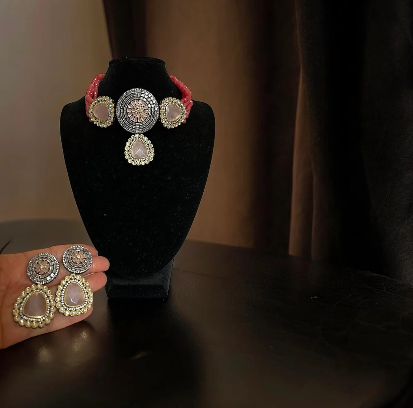 Traditional Wedding Choker Set, Peach, Gold, Beaded Design, Wedding Jewellery