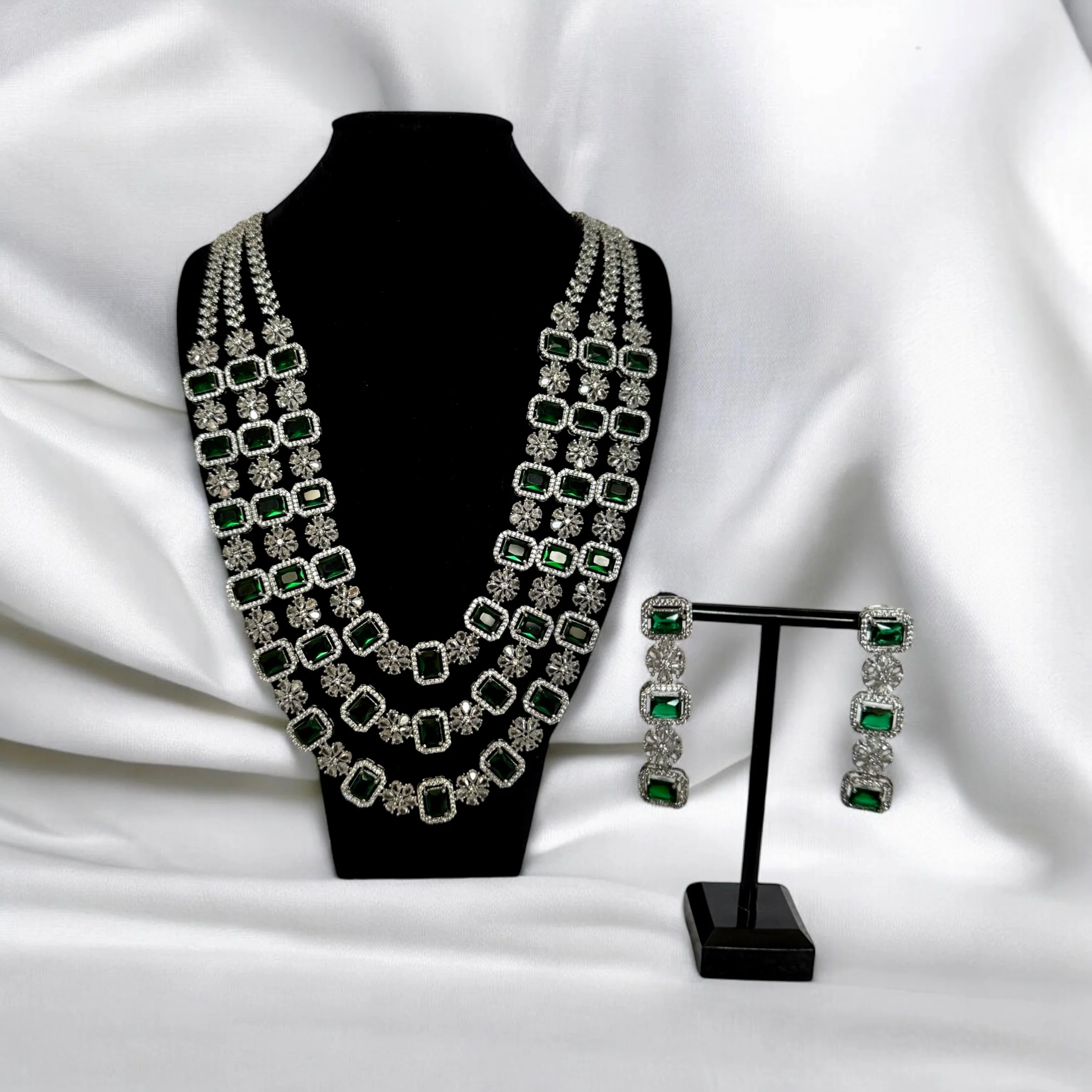 Triple Layer Emerald Green Crystal Necklace Set with Matching Earrings - Bridal & Luxe Party Jewelry
