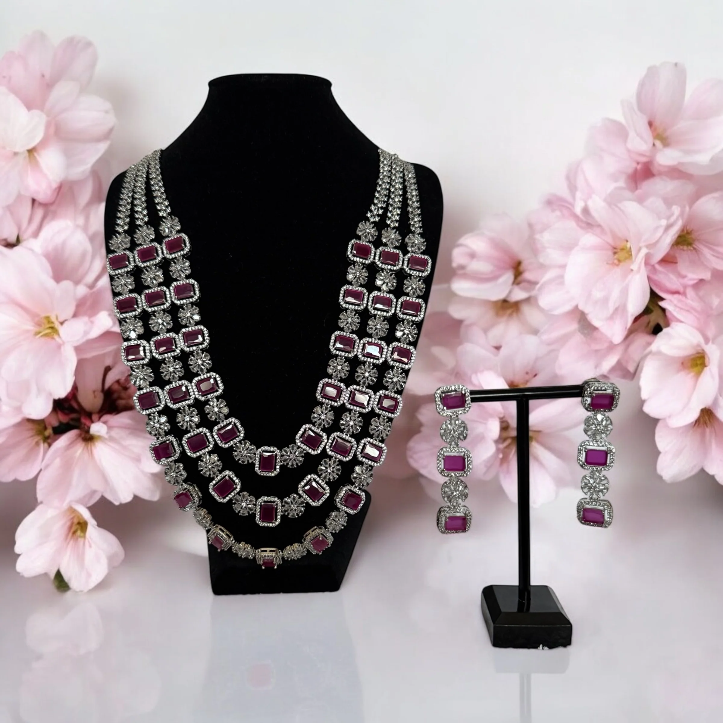 Triple Layer Pink Crystal Floral Necklace Set with Matching Earrings - Bridal & Statement Jewelry