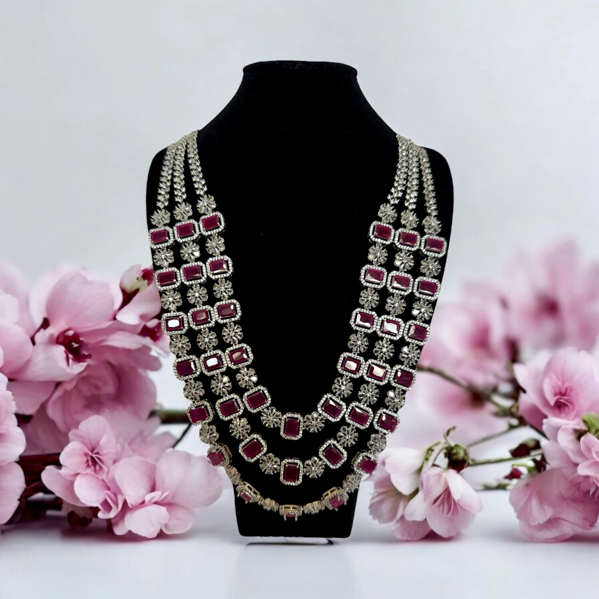 Triple Layer Pink Crystal Floral Necklace Set with Matching Earrings - Bridal & Statement Jewelry - Image 2