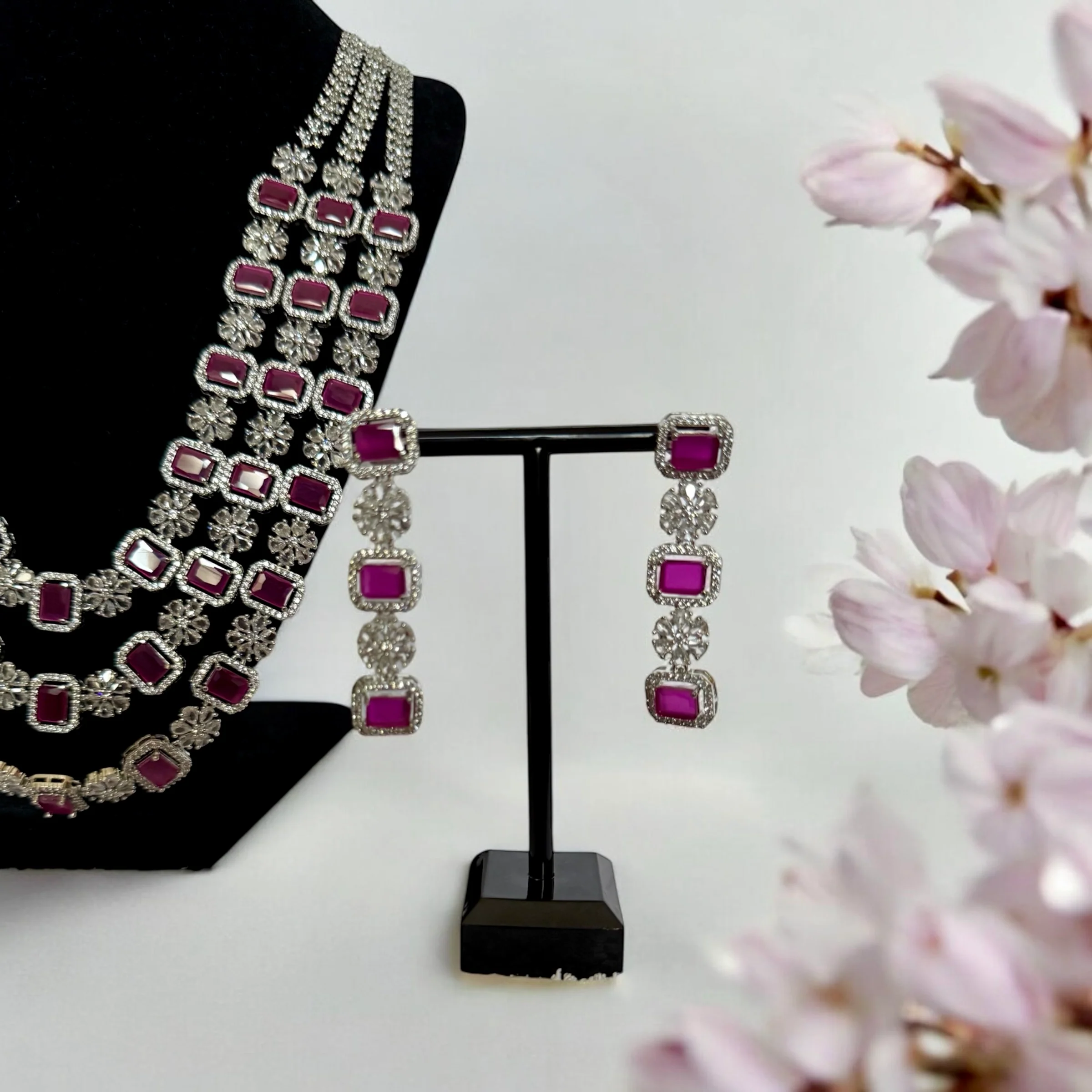 Triple Layer Pink Crystal Floral Necklace Set with Matching Earrings - Bridal & Statement Jewelry - Image 3
