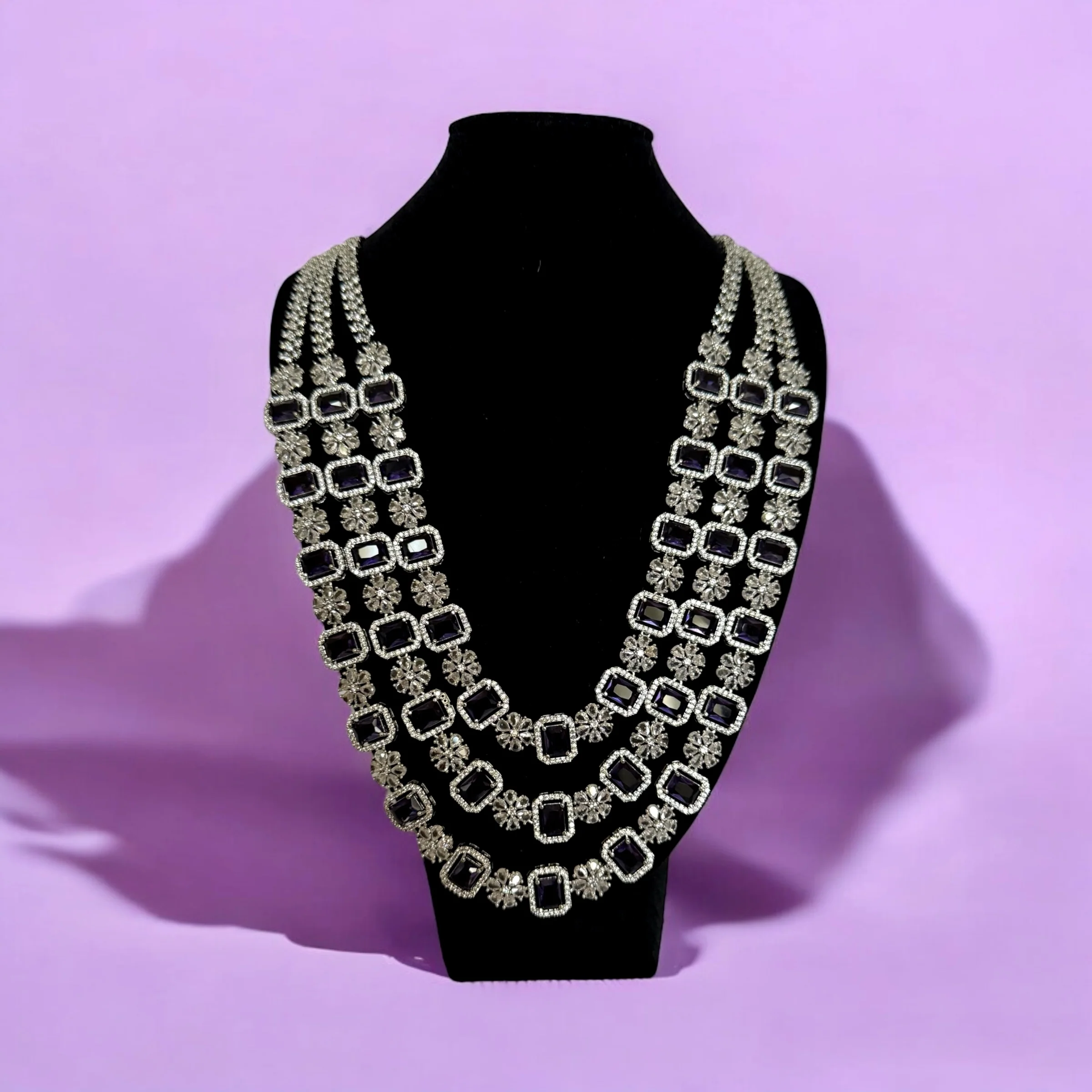 Triple Layer Purple Crystal Necklace Set with Floral Accents – Bridal & Statement Jewelry - Image 2
