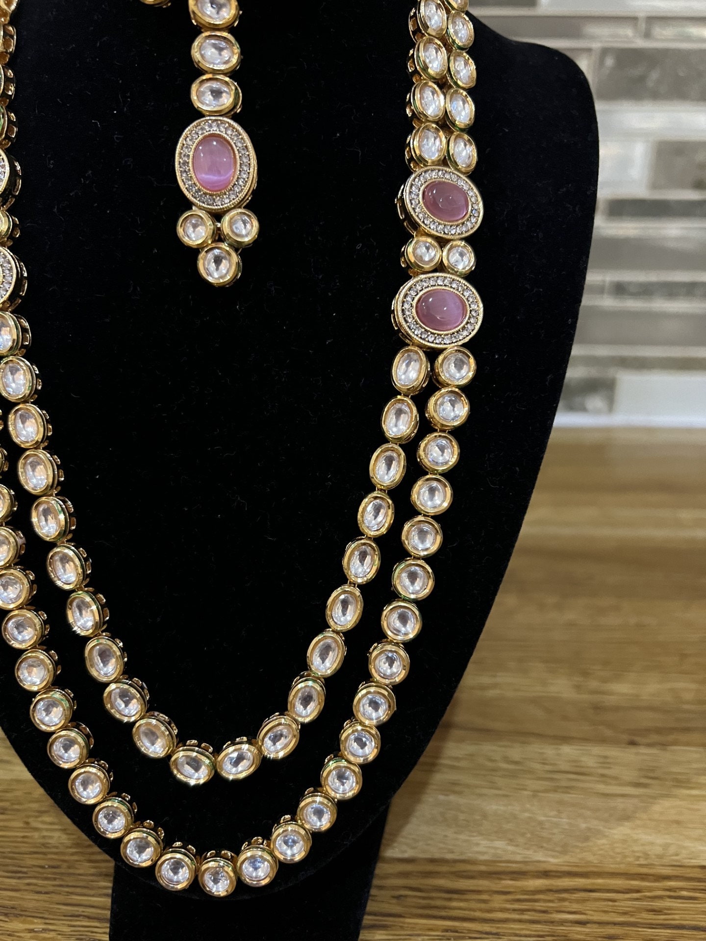 Blush Gold Kundan Necklace Set - Double Layered Indian Bridal Jewelry with Tikka - Image 3