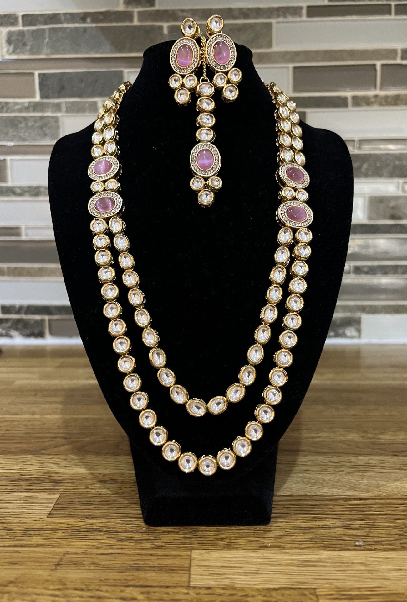 Blush Gold Kundan Necklace Set - Double Layered Indian Bridal Jewelry with Tikka - Image 4