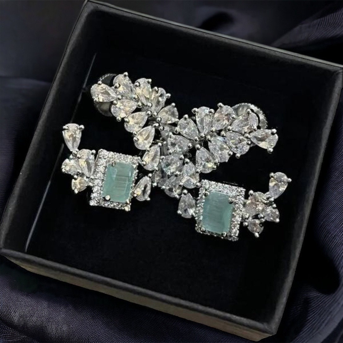 Mint Green & Silver Floral Stud Earrings | Bridal Statement Earrings | Cubic Zirconia Cluster Design | Elegant Gift Box Included