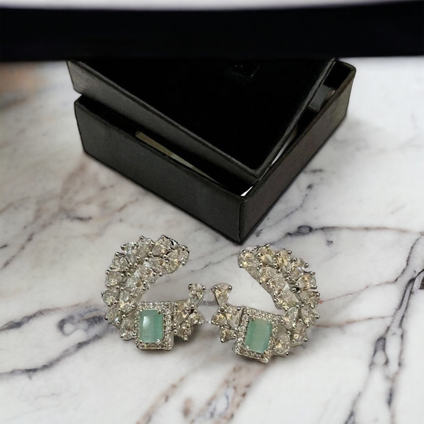 Mint Green & Silver Floral Stud Earrings | Bridal Statement Earrings | Cubic Zirconia Cluster Design | Elegant Gift Box Included - Image 4