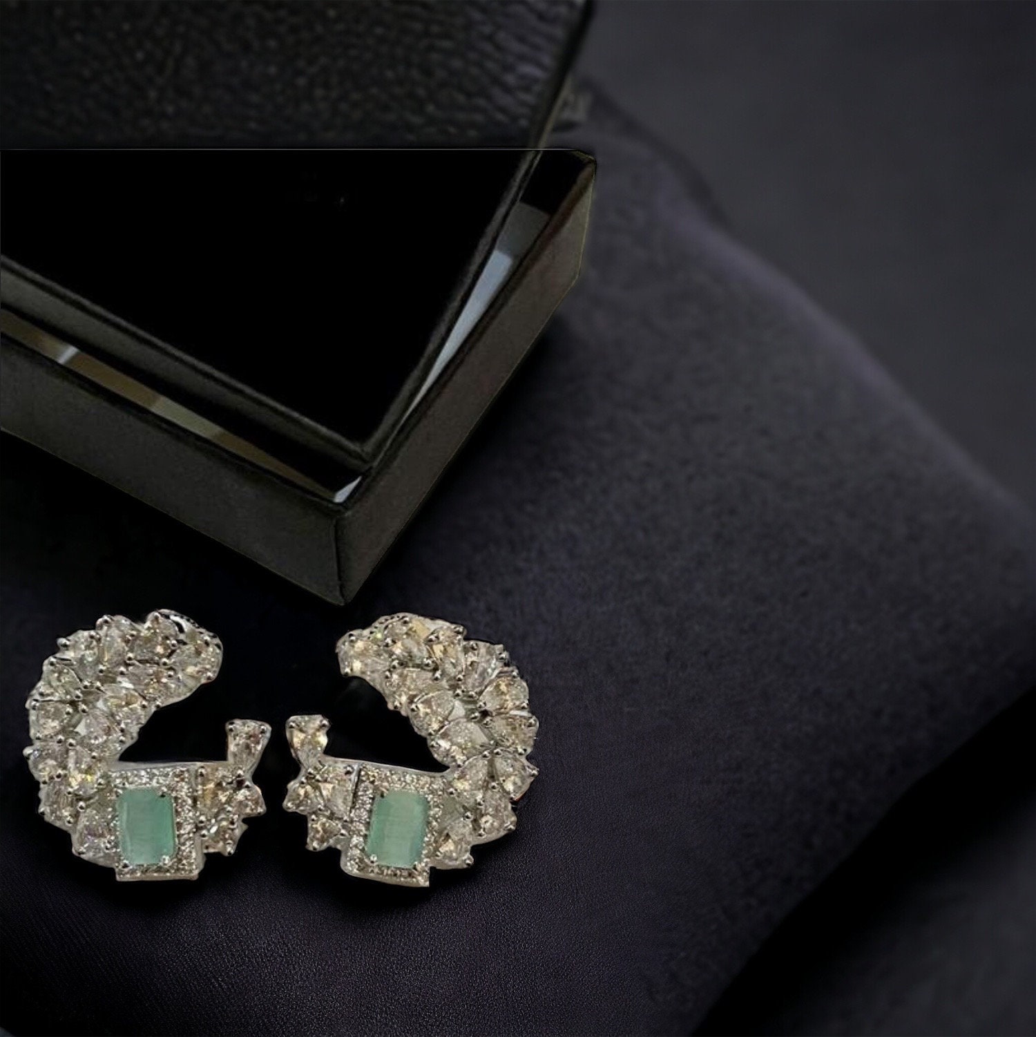Mint Green & Silver Floral Stud Earrings | Bridal Statement Earrings | Cubic Zirconia Cluster Design | Elegant Gift Box Included - Image 5