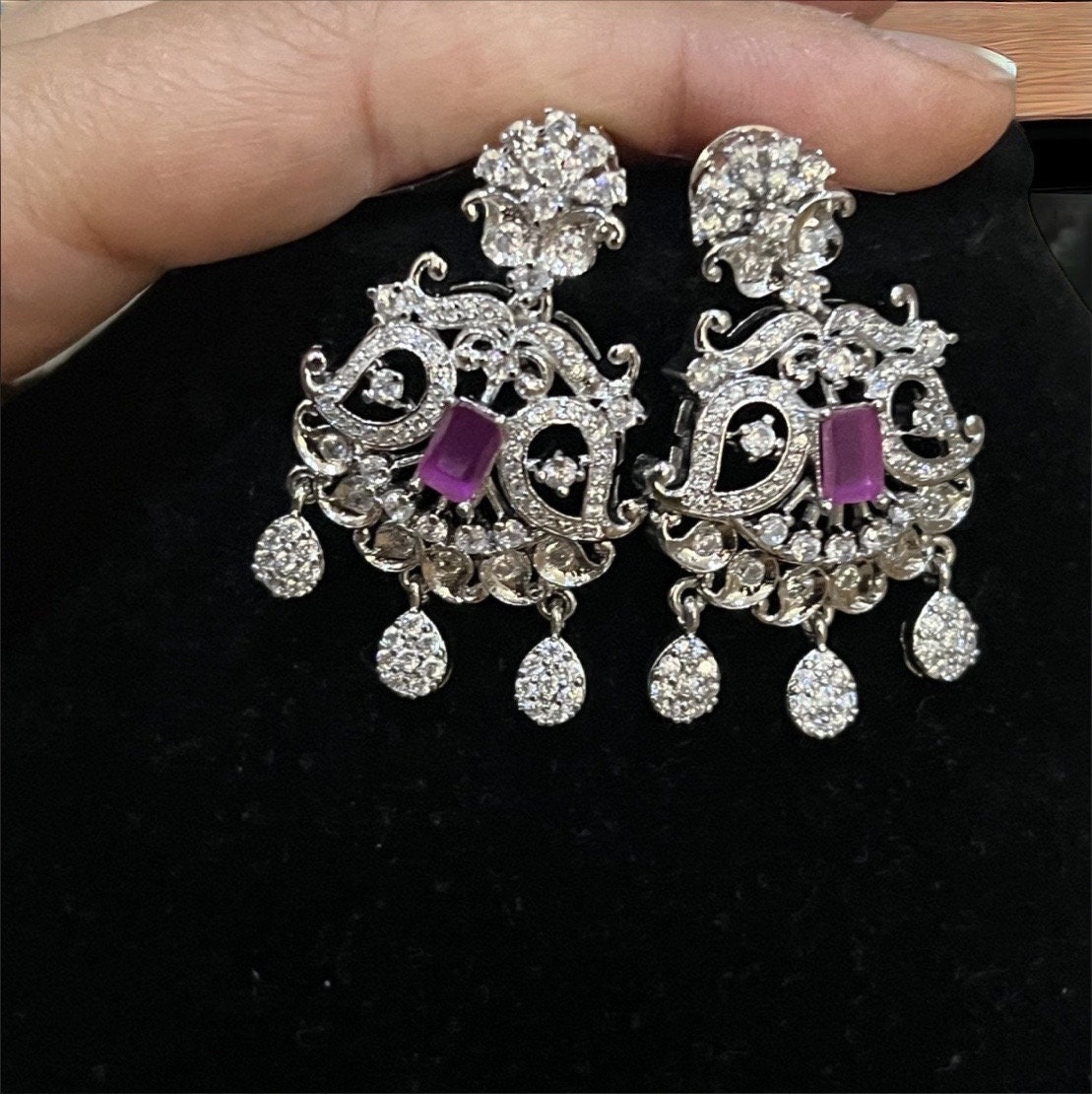 Ruby Pink and Silver AD Necklace Pendant Set - Long (24cm), Indian Jewelry, Statement necklace - Image 3