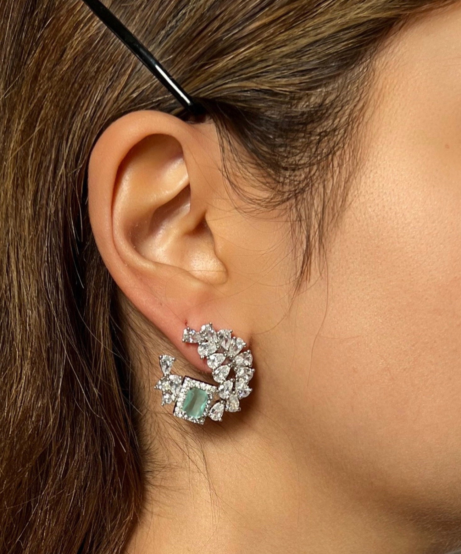 Mint Green & Silver Floral Stud Earrings | Bridal Statement Earrings | Cubic Zirconia Cluster Design | Elegant Gift Box Included - Image 2