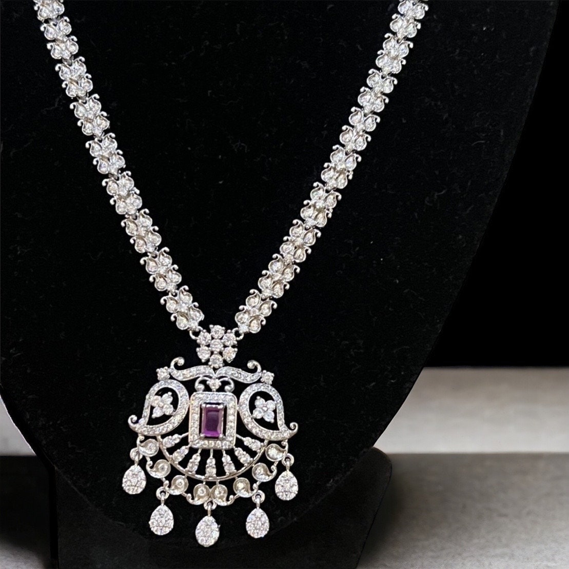 Ruby Pink and Silver AD Necklace Pendant Set - Long (24cm), Indian Jewelry, Statement necklace - Image 4