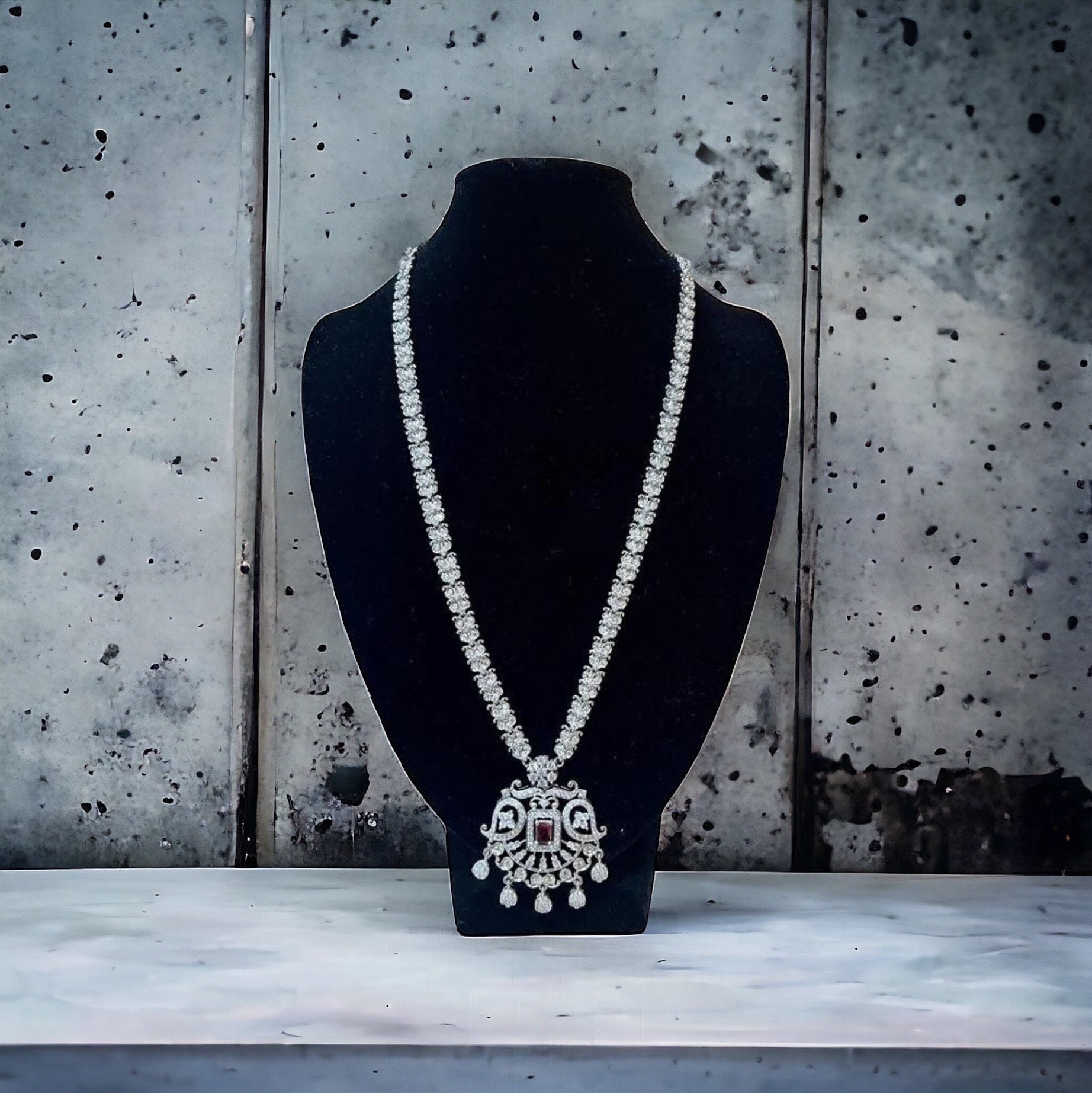 Ruby Pink and Silver AD Necklace Pendant Set - Long (24cm), Indian Jewelry, Statement necklace - Image 5