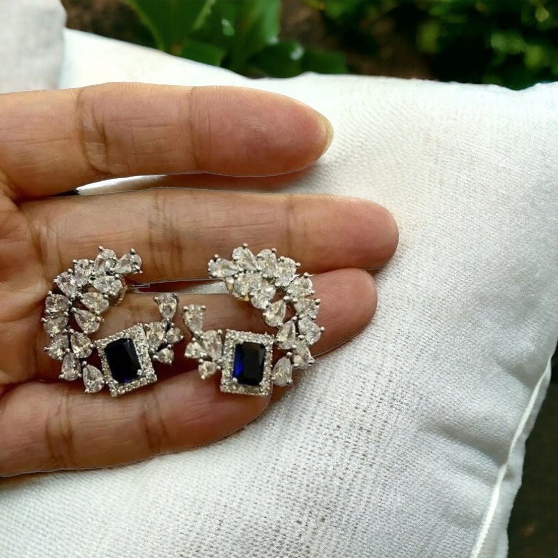 Navy Blue & Silver Crescent Stud Earrings ? Cubic Zirconia Sparkle Studs | Elegant Occasion Jewelry