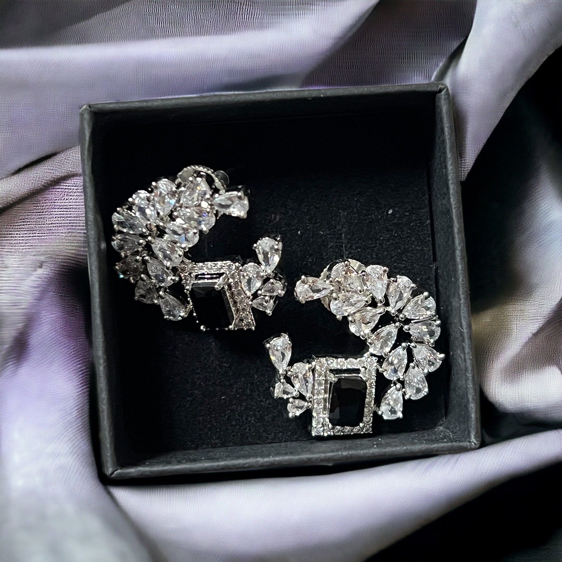 Black & Silver Statement Stud Earrings ? Cubic Zirconia Cluster with Jet Black Centerpiece | Luxe Party Jewelry