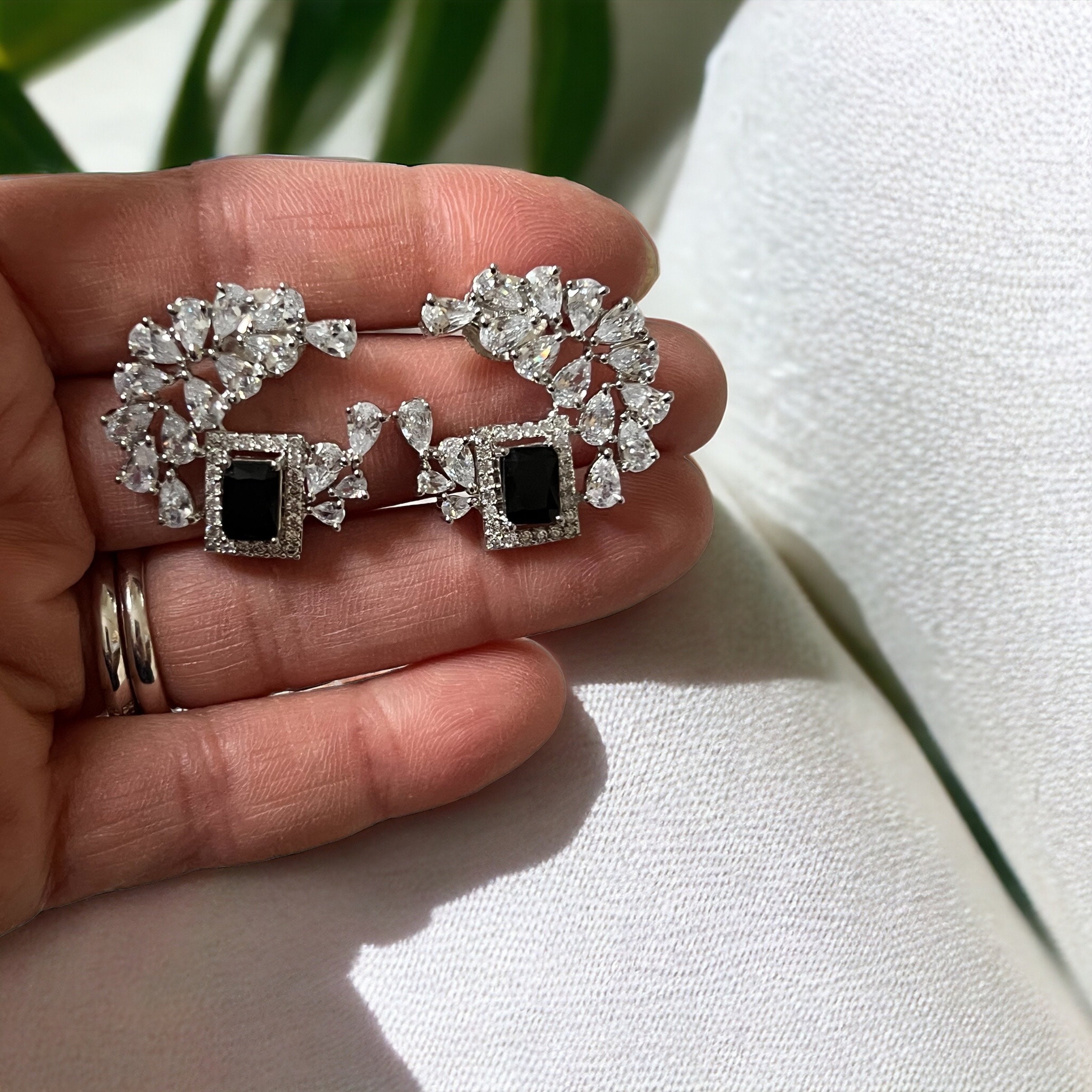 Black & Silver Statement Stud Earrings ? Cubic Zirconia Cluster with Jet Black Centerpiece | Luxe Party Jewelry - Image 3