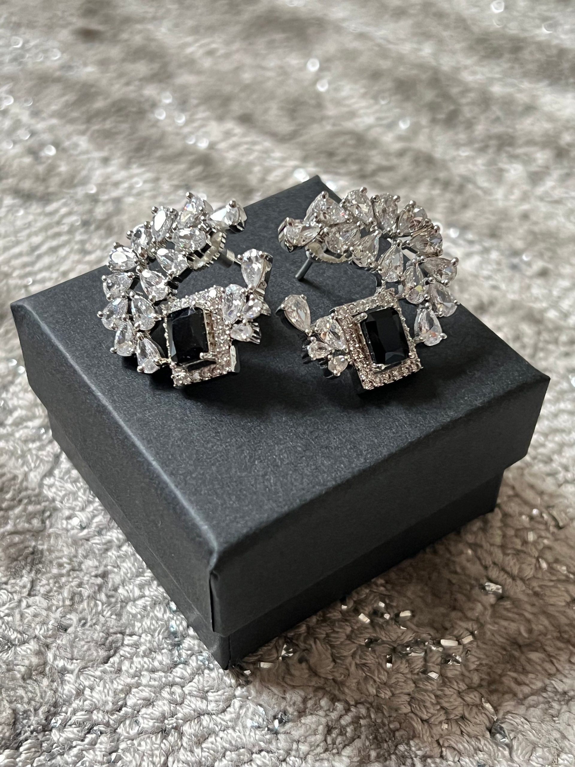 Black & Silver Statement Stud Earrings ? Cubic Zirconia Cluster with Jet Black Centerpiece | Luxe Party Jewelry - Image 8